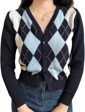 Womens Sweaters,Women Long Sleeve Knitted Cardigan Vintage Argyle Sweater Coat Button Down Crop Top Outwear