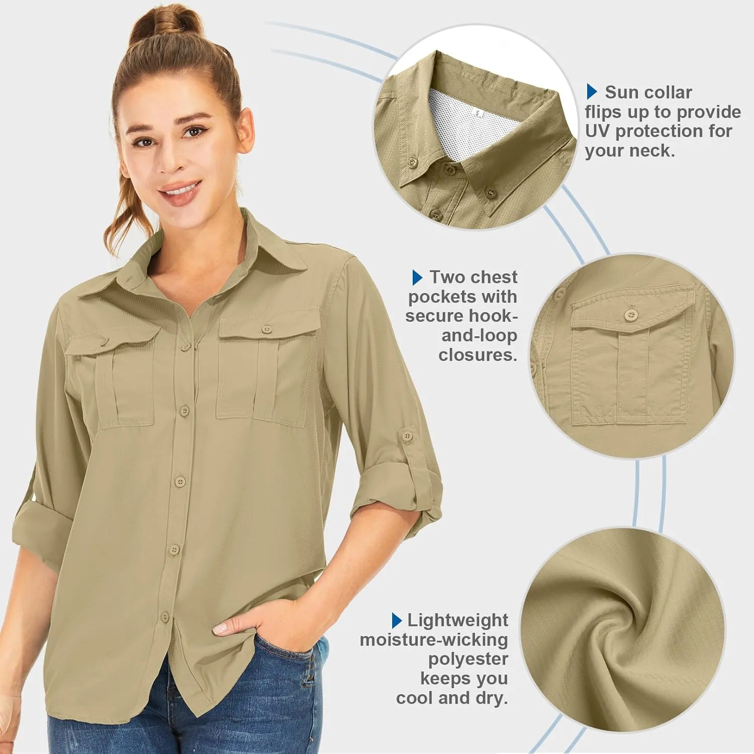 Women's UPF 50  UV Sun Protection Long Sleeve Safari Shirts Outdoor Quick Dry Fishing Hiking Travel Shirts