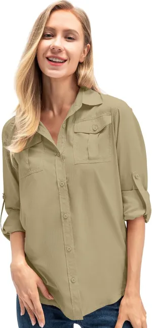 Women's UPF 50  UV Sun Protection Long Sleeve Safari Shirts Outdoor Quick Dry Fishing Hiking Travel Shirts