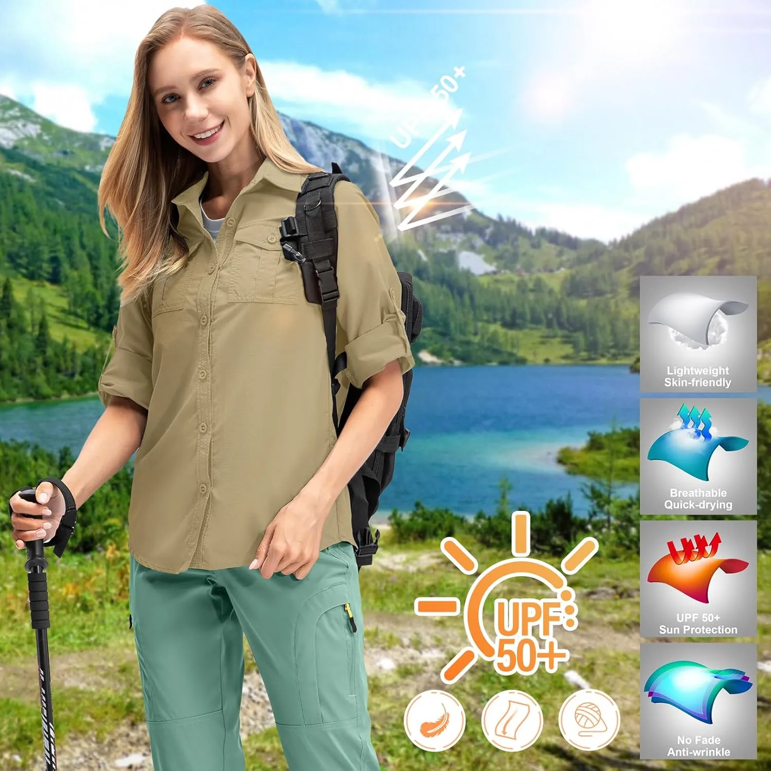 Women's UPF 50  UV Sun Protection Long Sleeve Safari Shirts Outdoor Quick Dry Fishing Hiking Travel Shirts