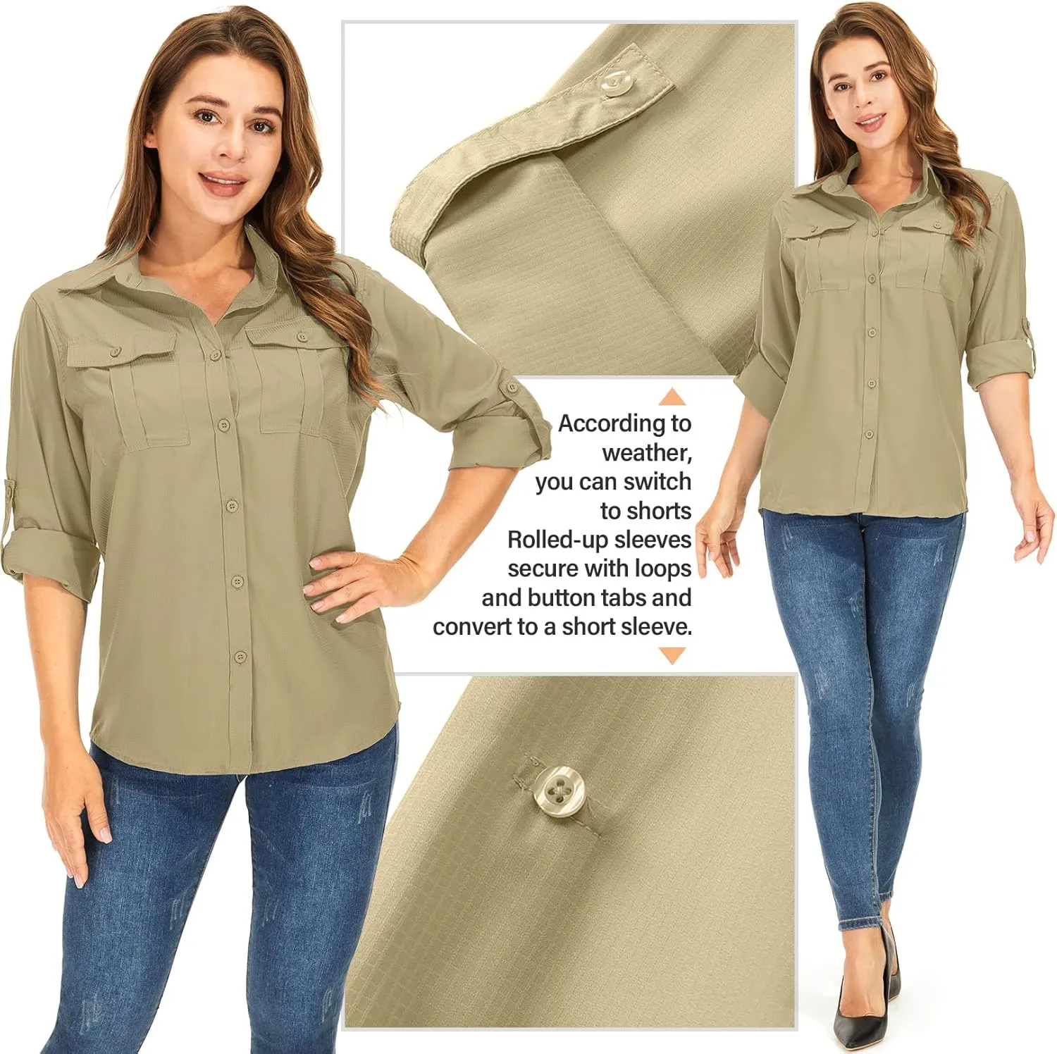 Women's UPF 50  UV Sun Protection Long Sleeve Safari Shirts Outdoor Quick Dry Fishing Hiking Travel Shirts