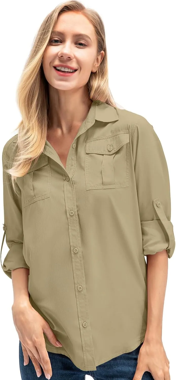 Women's UPF 50  UV Sun Protection Long Sleeve Safari Shirts Outdoor Quick Dry Fishing Hiking Travel Shirts