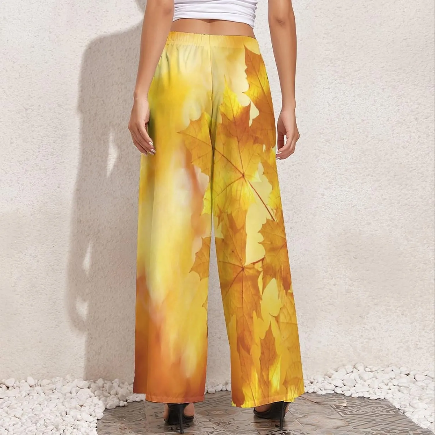 Womens Wide Leg Pants Autumn Maple Leaves Dressy High Waist Trousers Casual Loose Flowy Palazzo Pants