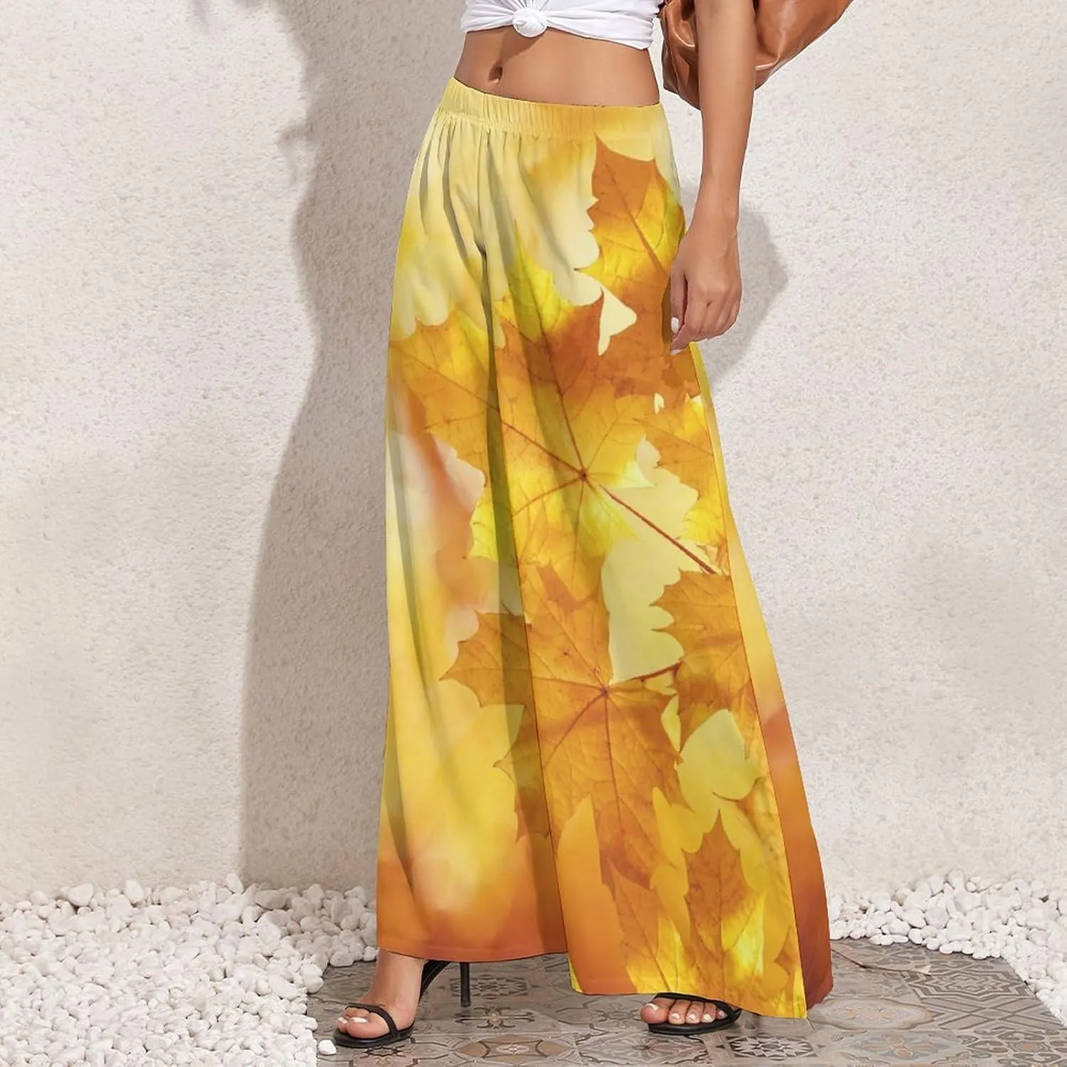 Womens Wide Leg Pants Autumn Maple Leaves Dressy High Waist Trousers Casual Loose Flowy Palazzo Pants
