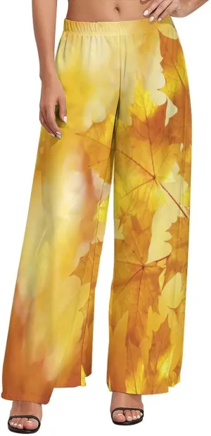 Womens Wide Leg Pants Autumn Maple Leaves Dressy High Waist Trousers Casual Loose Flowy Palazzo Pants