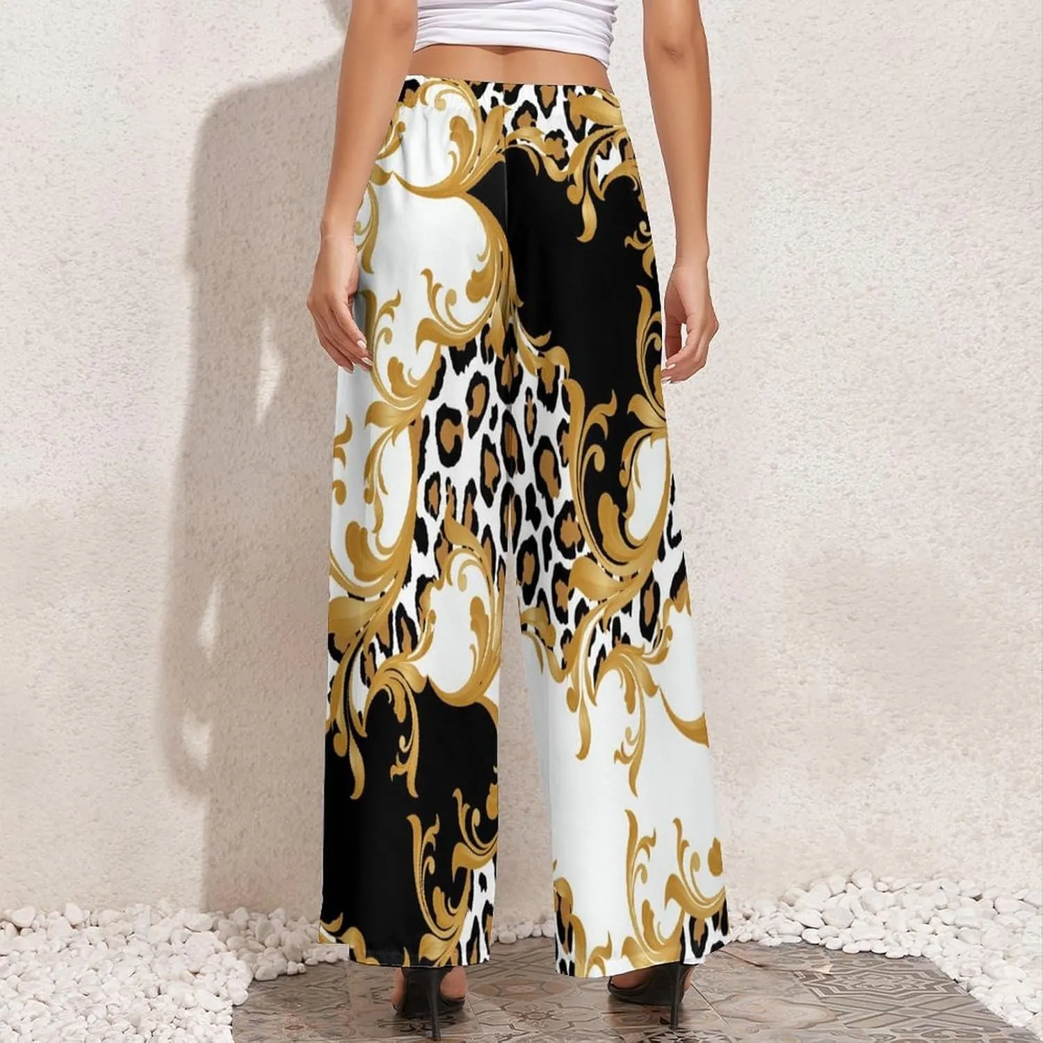 Womens Wide Leg Pants Leopard Skin with Baroque Casual High Waist Long Palazzo Pants Lounge Beach Trousers