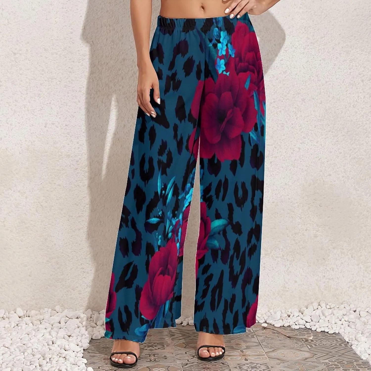 Womens Wide Leg Pants Leopard Skin with Baroque Casual High Waist Long Palazzo Pants Lounge Beach Trousers