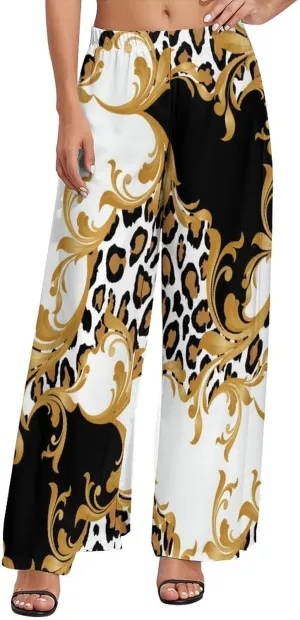 Womens Wide Leg Pants Leopard Skin with Baroque Casual High Waist Long Palazzo Pants Lounge Beach Trousers
