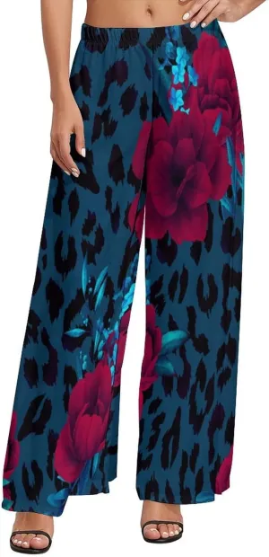 Womens Wide Leg Pants Leopard Skin with Baroque Casual High Waist Long Palazzo Pants Lounge Beach Trousers