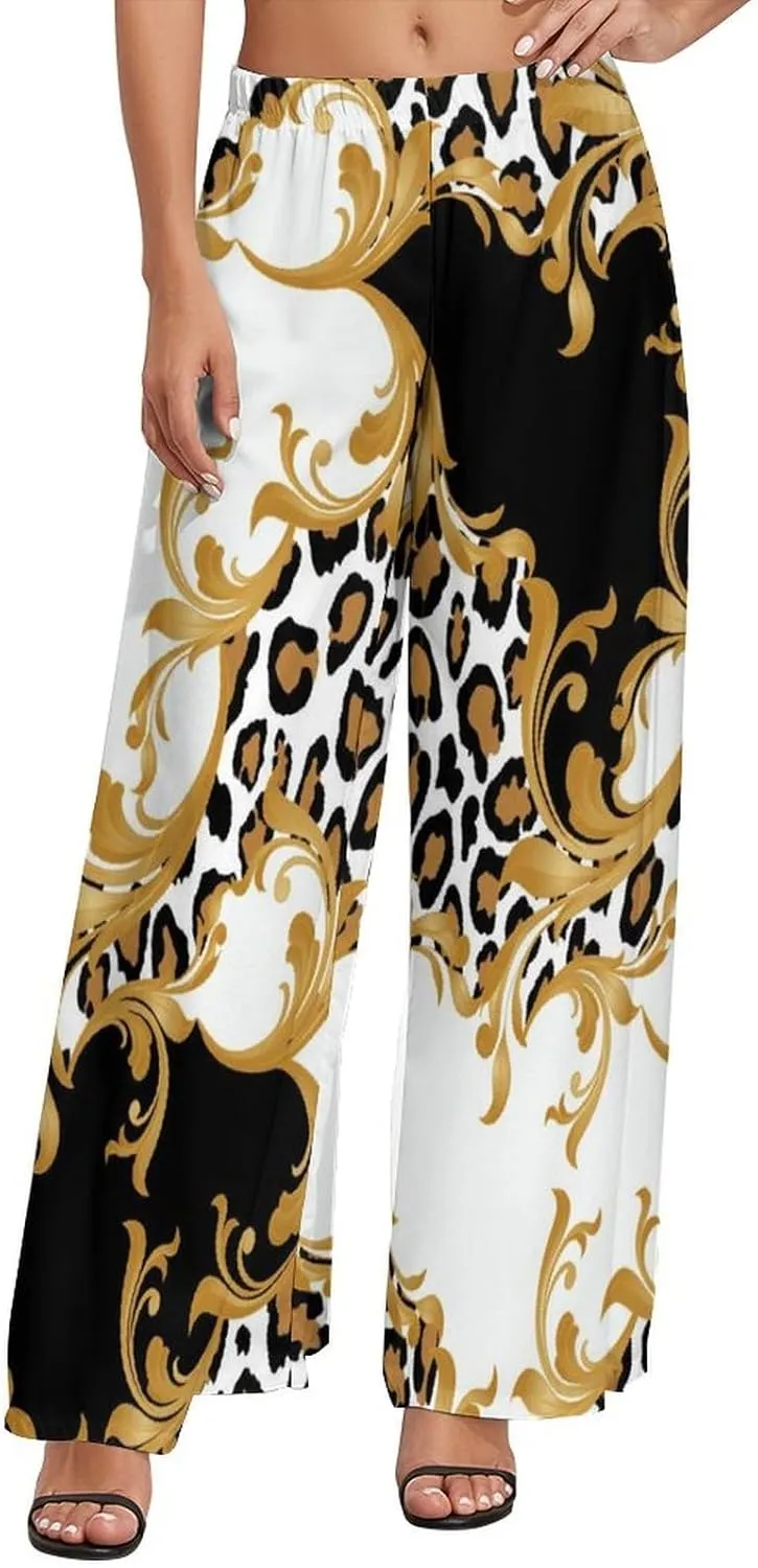 Womens Wide Leg Pants Leopard Skin with Baroque Casual High Waist Long Palazzo Pants Lounge Beach Trousers