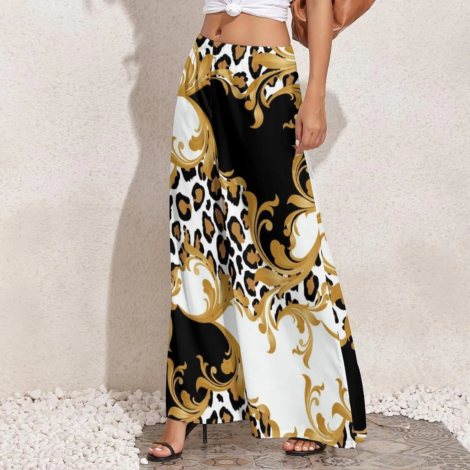 Womens Wide Leg Pants Leopard Skin with Baroque Casual High Waist Long Palazzo Pants Lounge Beach Trousers