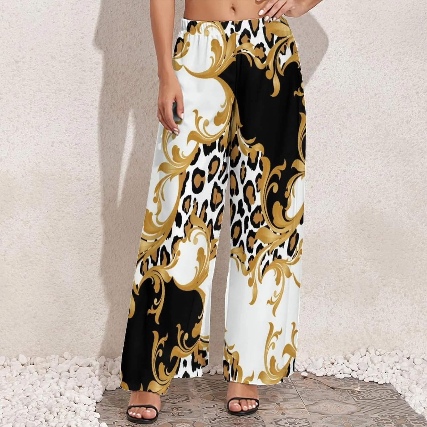 Womens Wide Leg Pants Leopard Skin with Baroque Casual High Waist Long Palazzo Pants Lounge Beach Trousers
