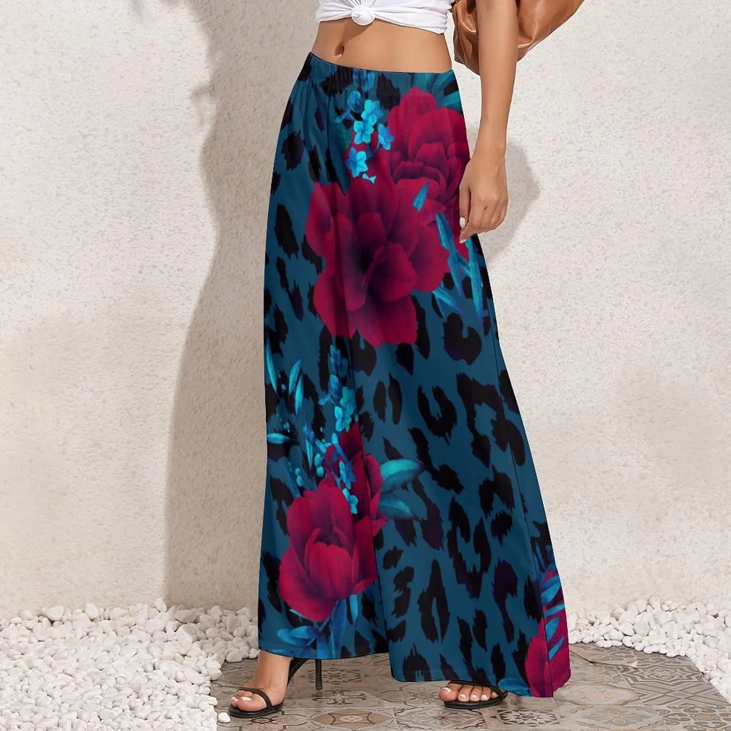 Womens Wide Leg Pants Leopard Skin with Baroque Casual High Waist Long Palazzo Pants Lounge Beach Trousers