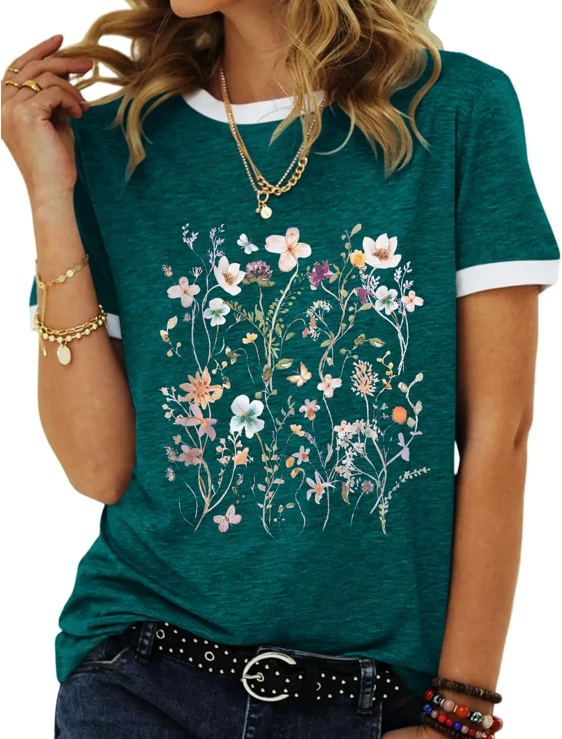 Women's Wildflower Graphic Tees Cute Vintage Floral T Shirt Short Sleeve Casual Loose Printed Tops 