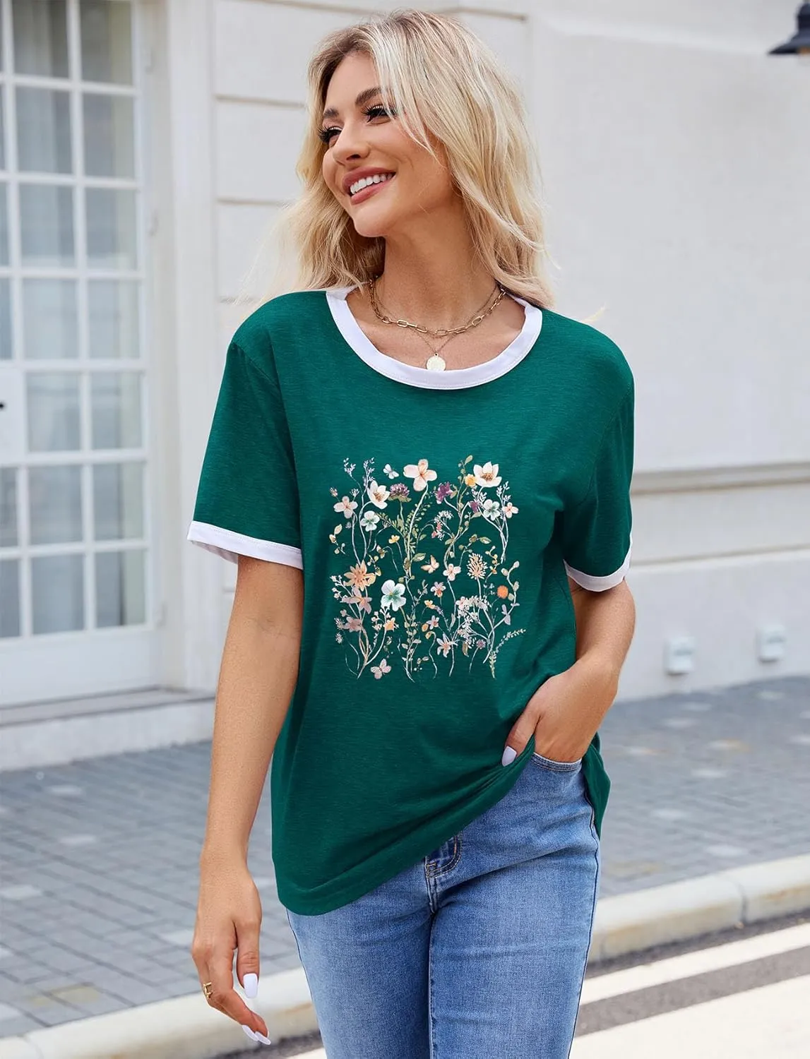Women's Wildflower Graphic Tees Cute Vintage Floral T Shirt Short Sleeve Casual Loose Printed Tops 
