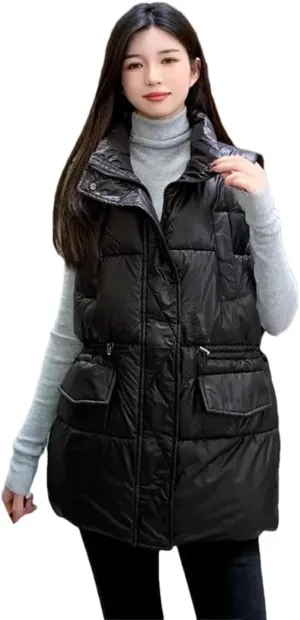 Women's Winter Down Cotton Vests Mid-Length Cotton-Padded Waistcoat Warm Padded Puffer Parkas Outwear