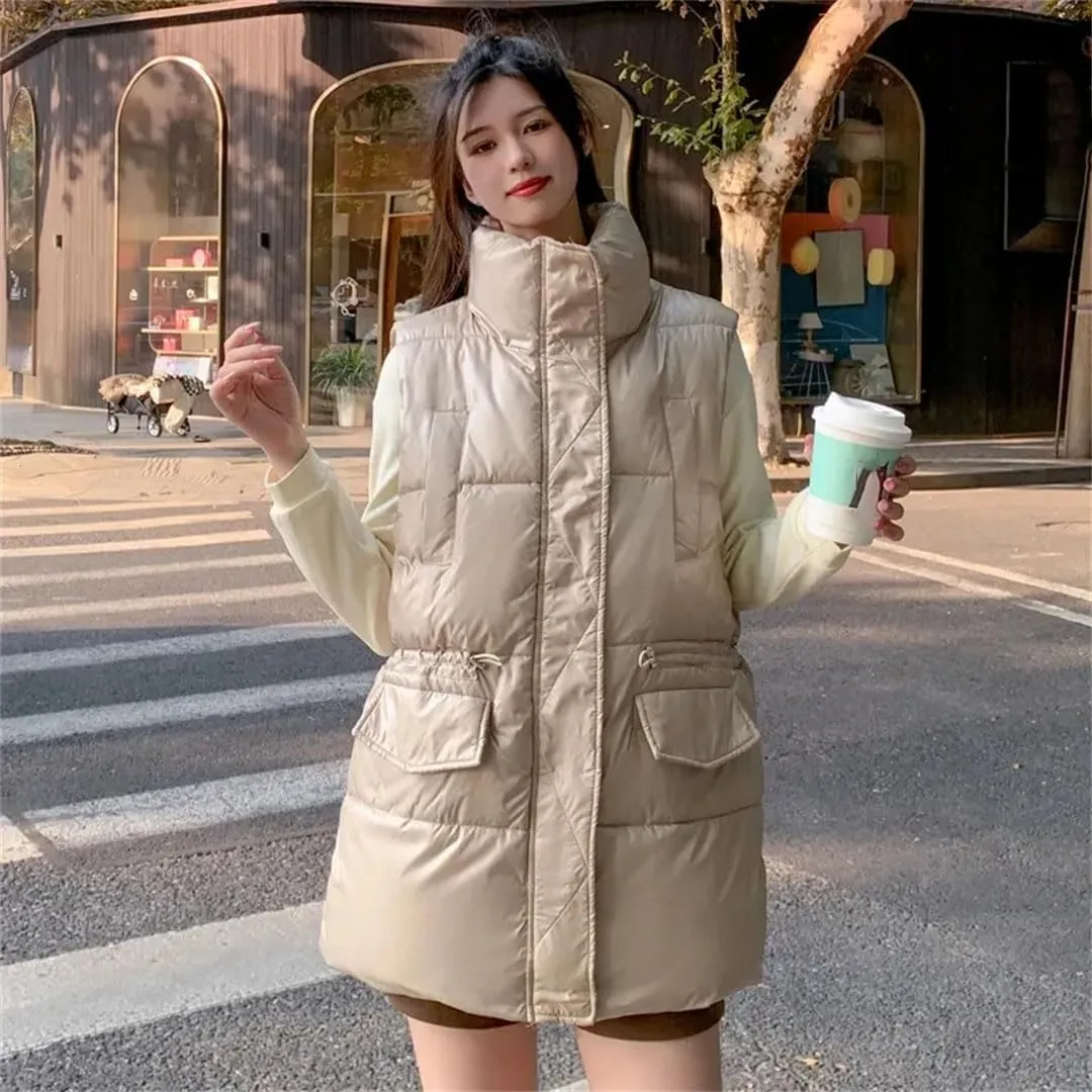 Women's Winter Down Cotton Vests Mid-Length Cotton-Padded Waistcoat Warm Padded Puffer Parkas Outwear