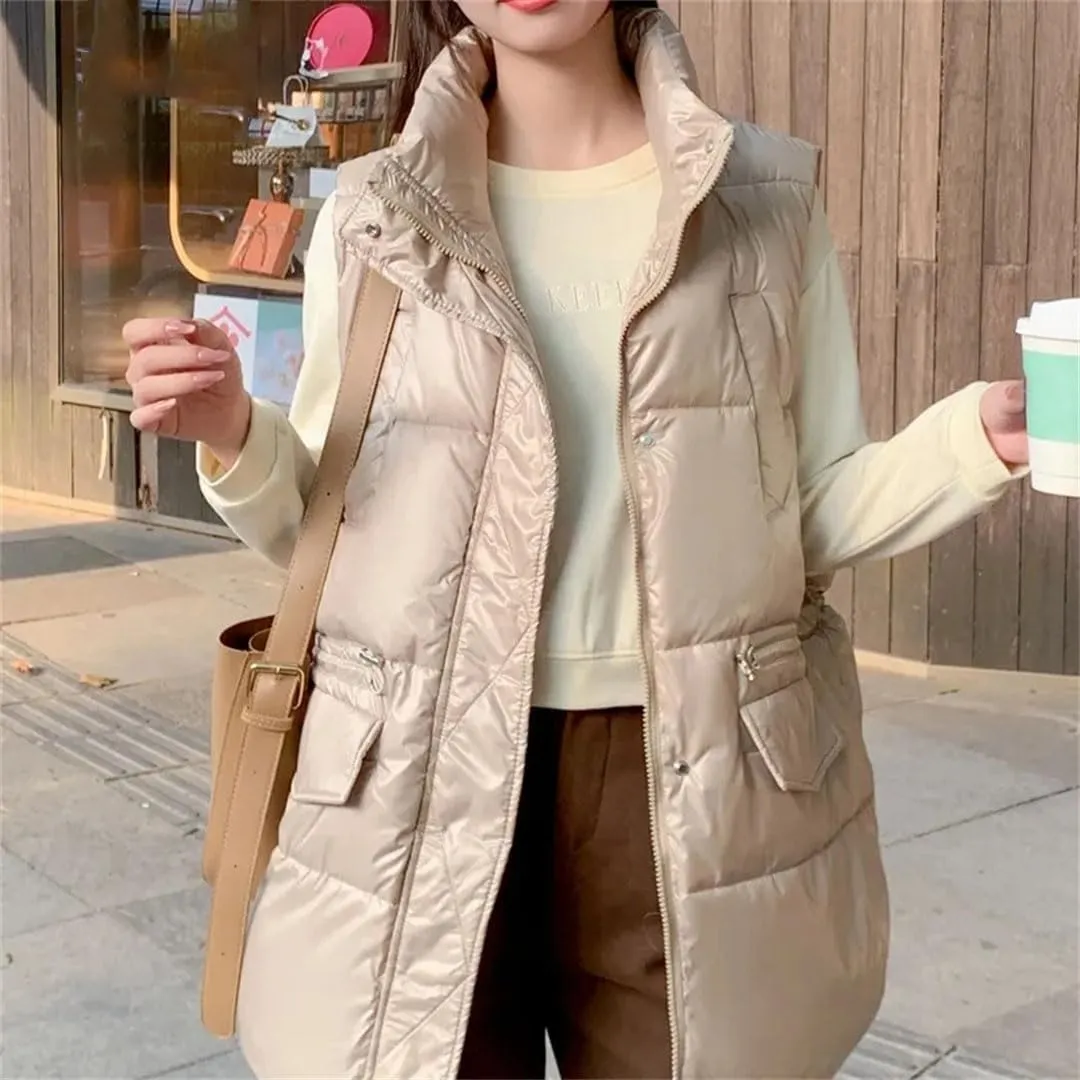 Women's Winter Down Cotton Vests Mid-Length Cotton-Padded Waistcoat Warm Padded Puffer Parkas Outwear