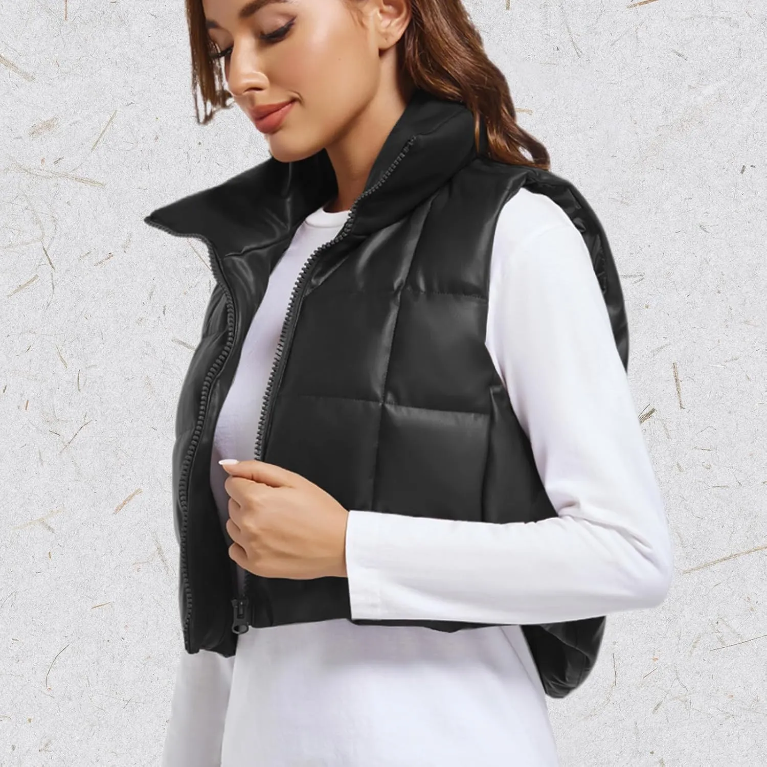Women's Winter Outerwear Vests Crop Puffer Vest Lightweight Sleeveless Padded High Stand Collar Jacket