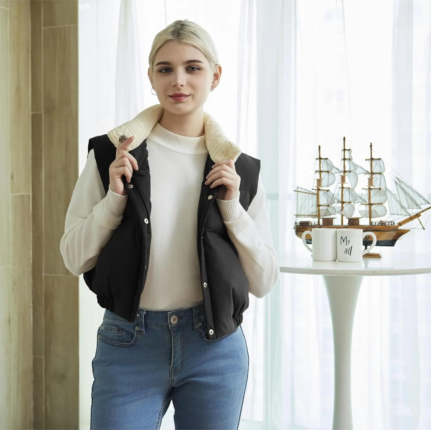 Women's Winter Outerwear Vests Crop Puffer Vest Lightweight Sleeveless Padded High Stand Collar Jacket