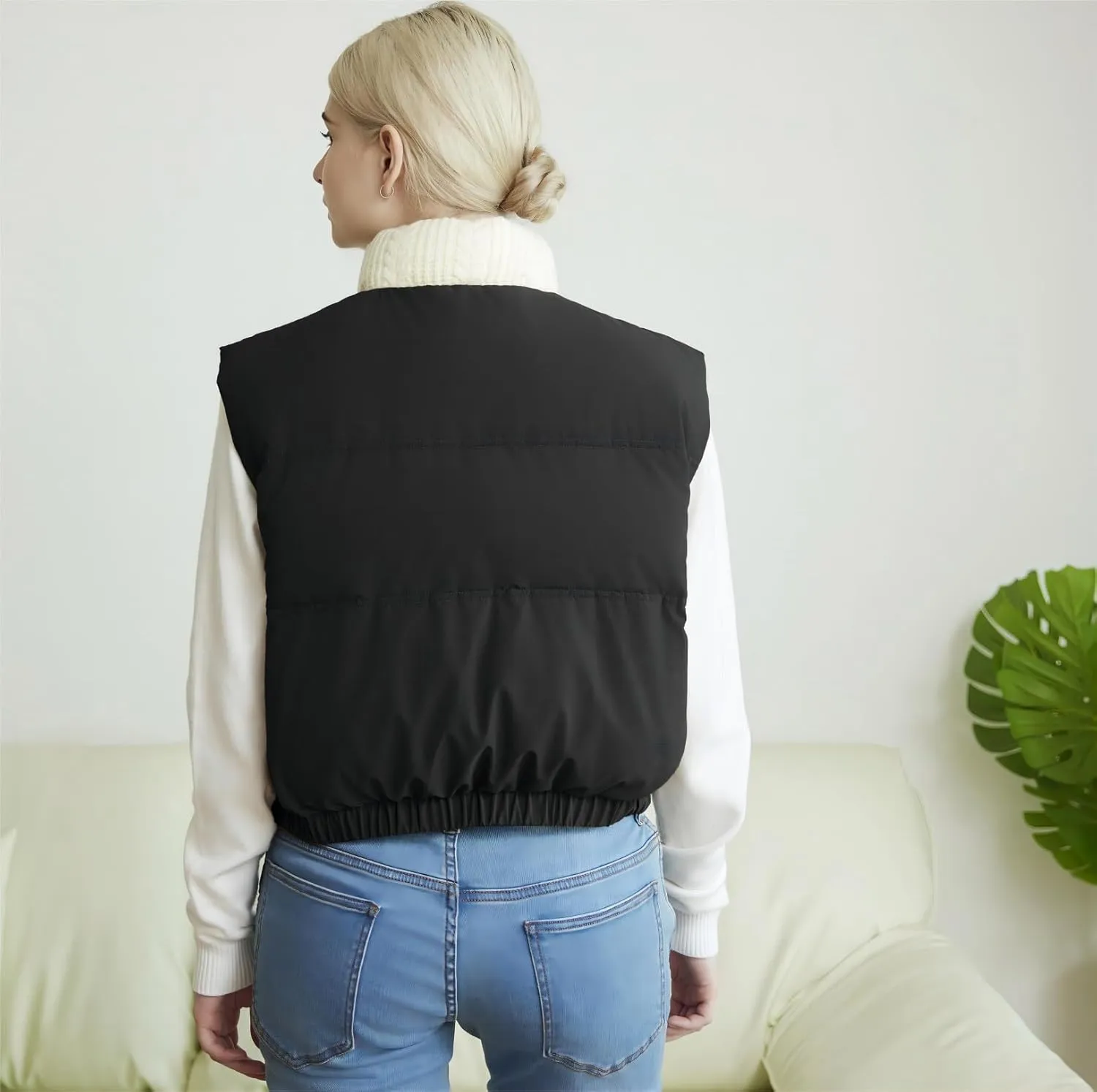 Women's Winter Outerwear Vests Crop Puffer Vest Lightweight Sleeveless Padded High Stand Collar Jacket
