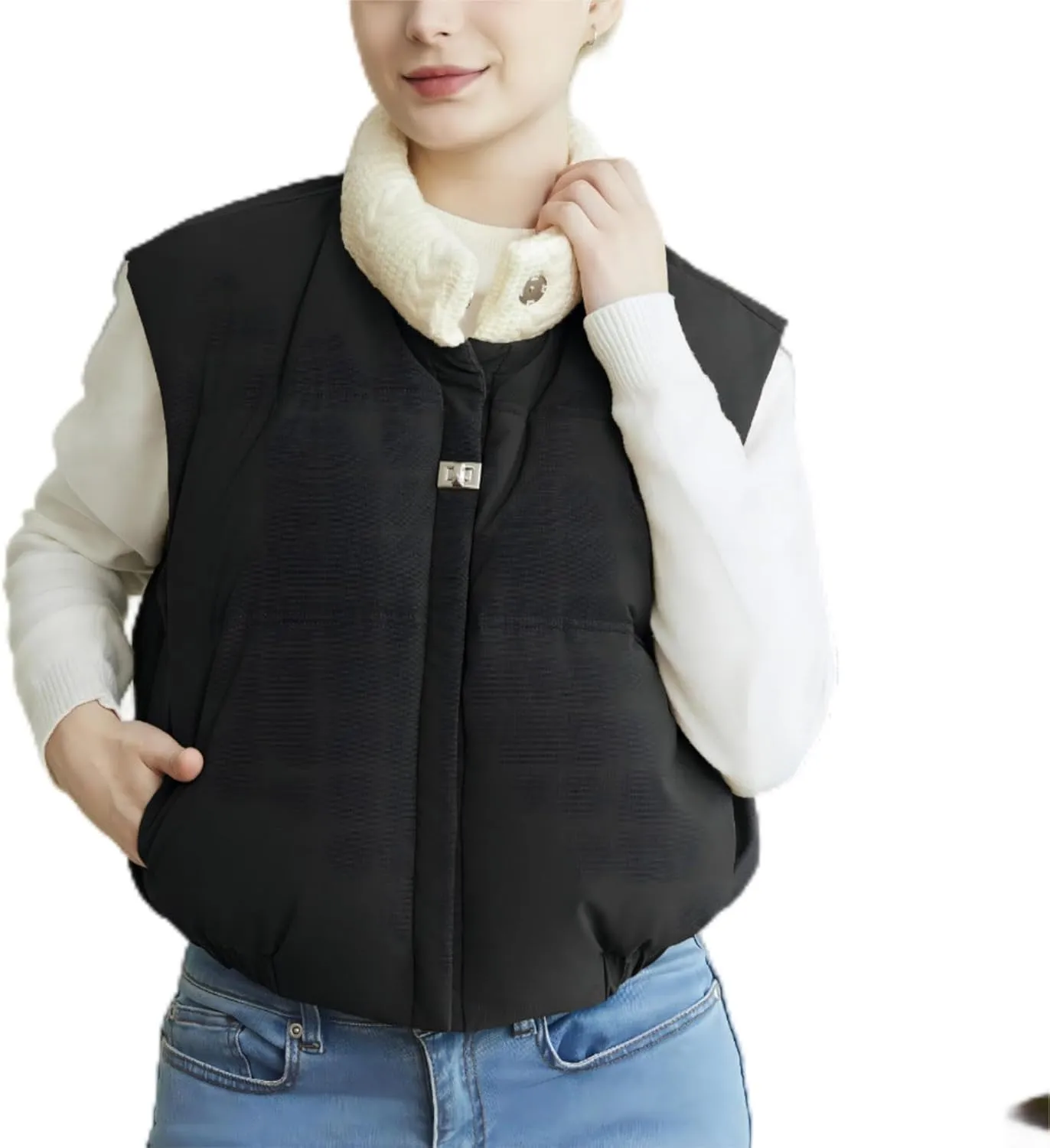 Women's Winter Outerwear Vests Crop Puffer Vest Lightweight Sleeveless Padded High Stand Collar Jacket
