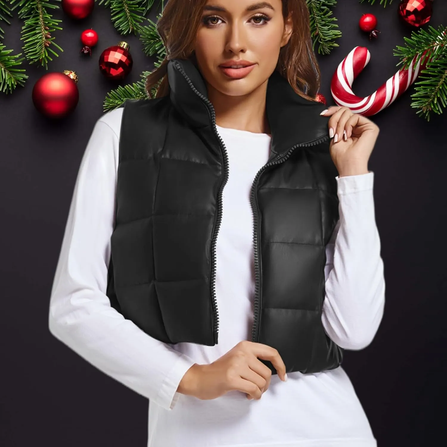 Women's Winter Outerwear Vests Crop Puffer Vest Lightweight Sleeveless Padded High Stand Collar Jacket