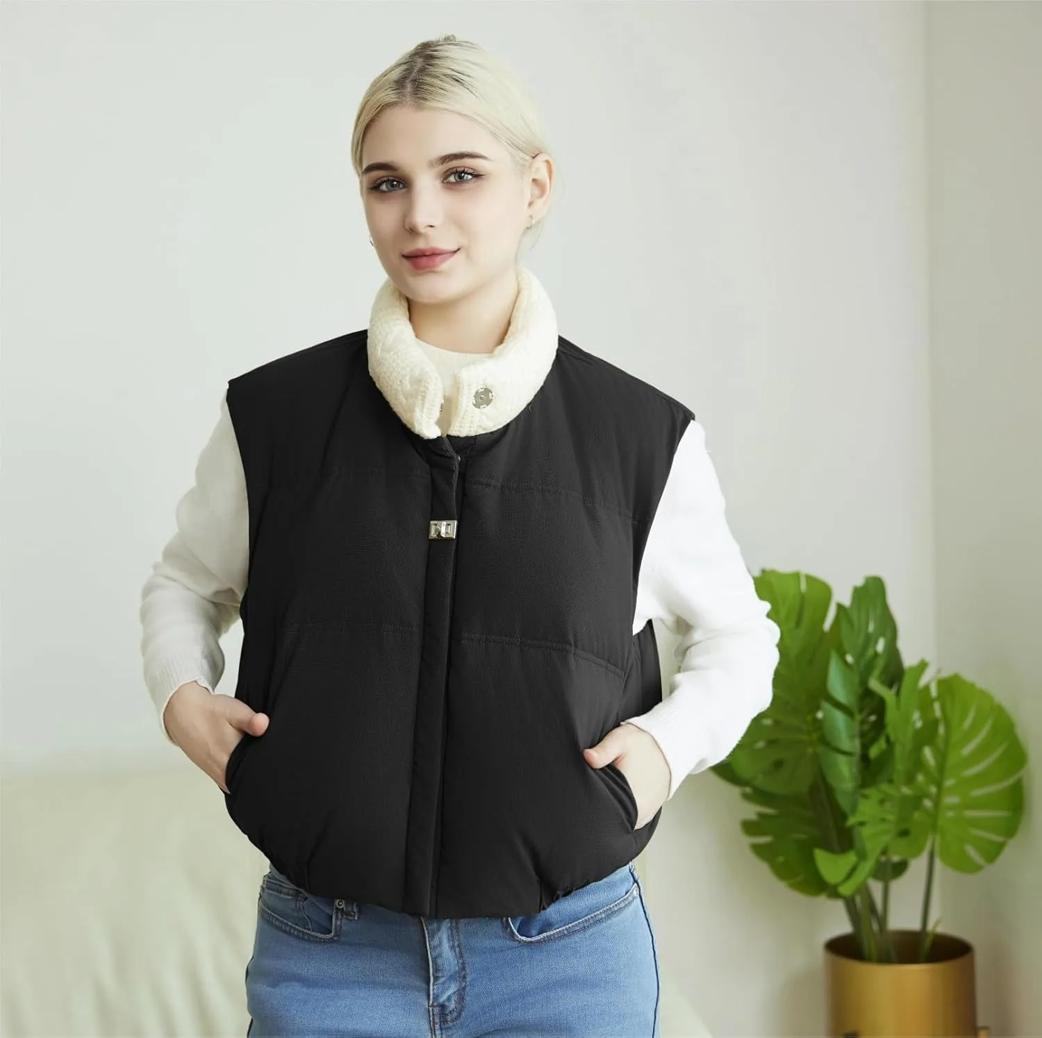 Women's Winter Outerwear Vests Crop Puffer Vest Lightweight Sleeveless Padded High Stand Collar Jacket