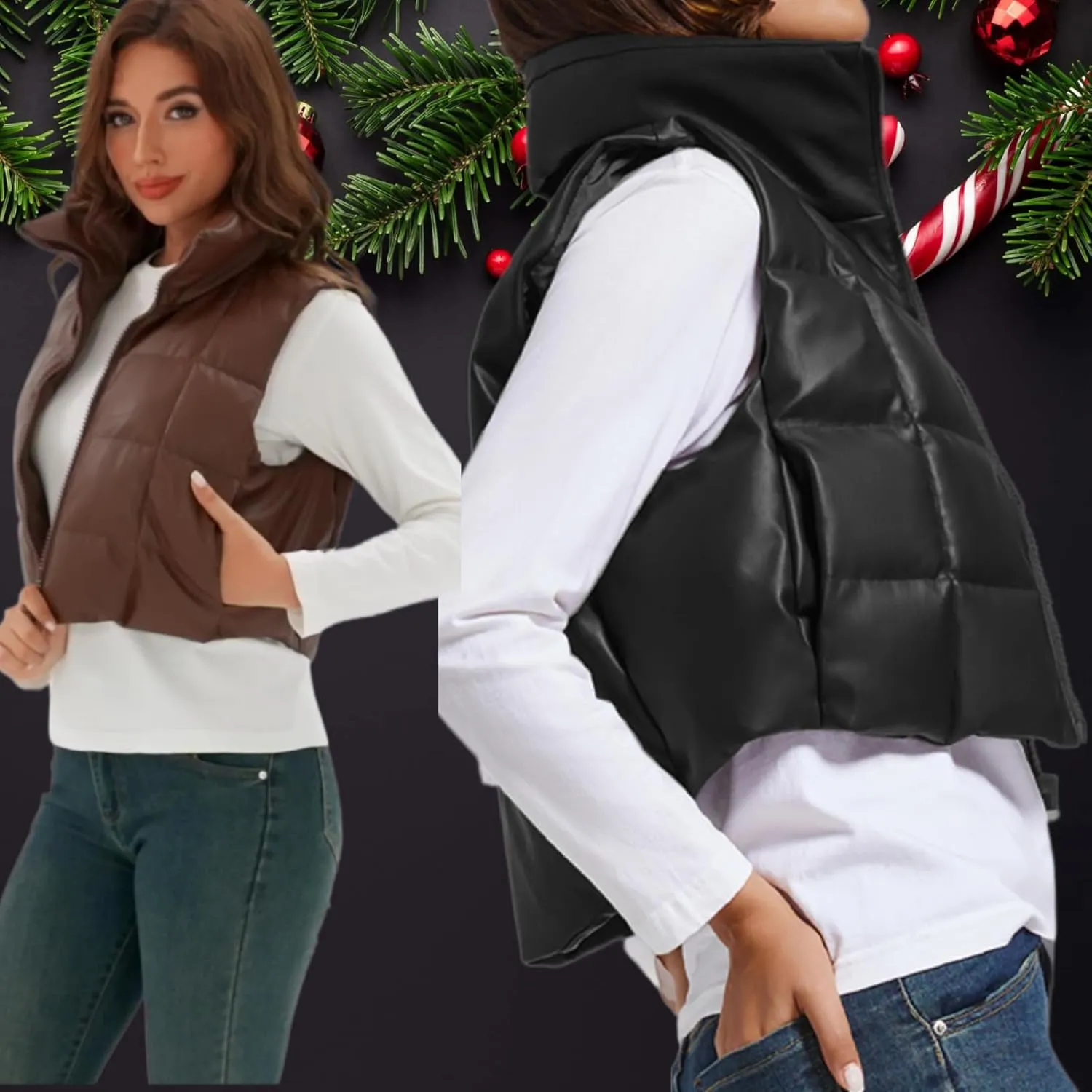 Women's Winter Outerwear Vests Crop Puffer Vest Lightweight Sleeveless Padded High Stand Collar Jacket