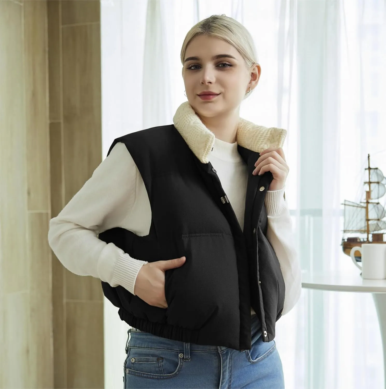 Women's Winter Outerwear Vests Crop Puffer Vest Lightweight Sleeveless Padded High Stand Collar Jacket