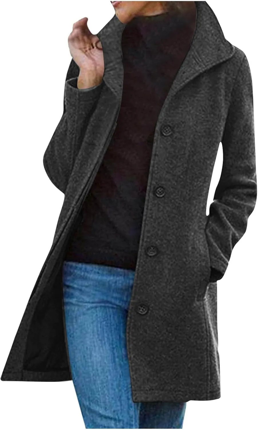 Women's Wool Blend Jackets Stand Collar Single Breasted Pea Coat Winter Fall Casual Business Long Trench Coat Outwear