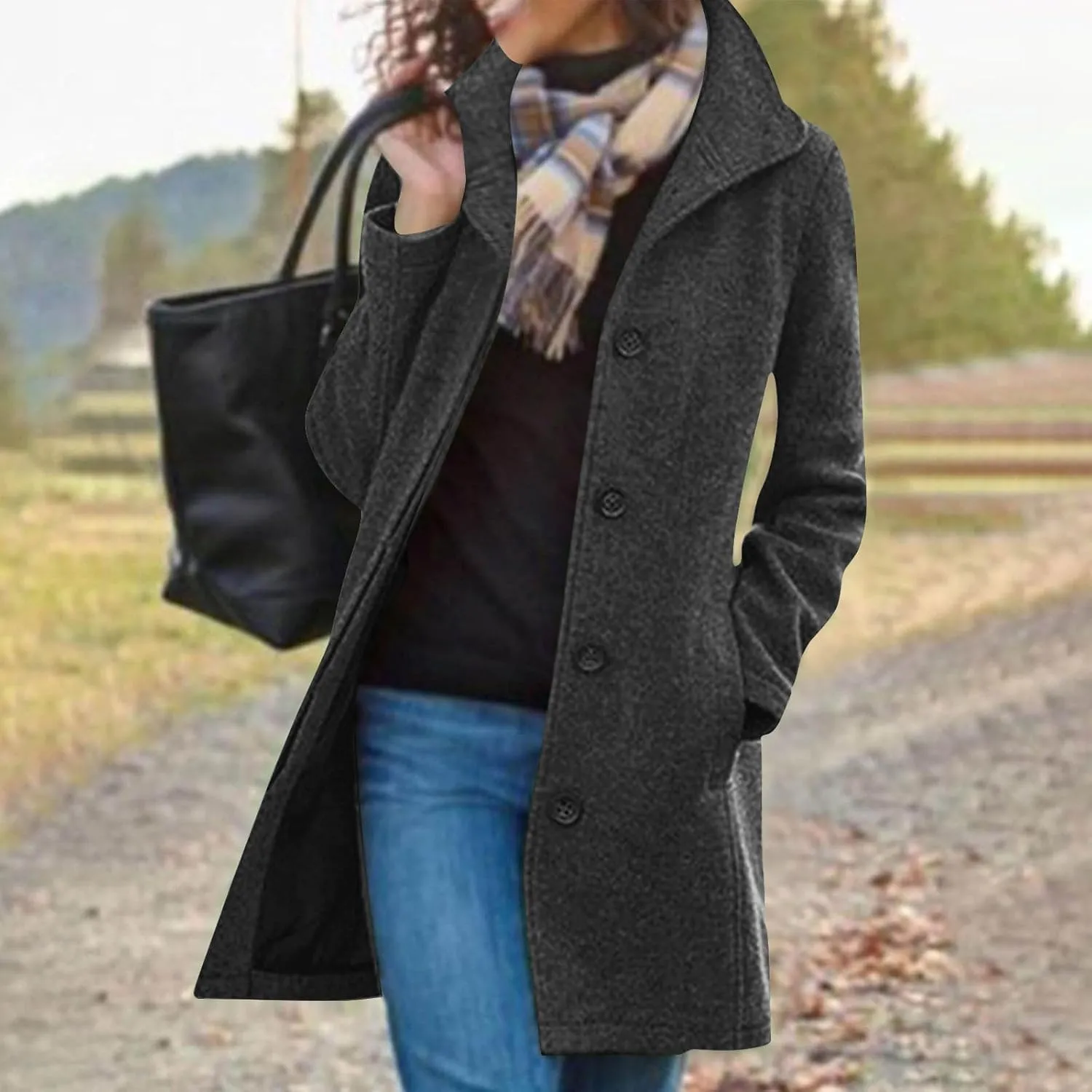 Women's Wool Blend Jackets Stand Collar Single Breasted Pea Coat Winter Fall Casual Business Long Trench Coat Outwear