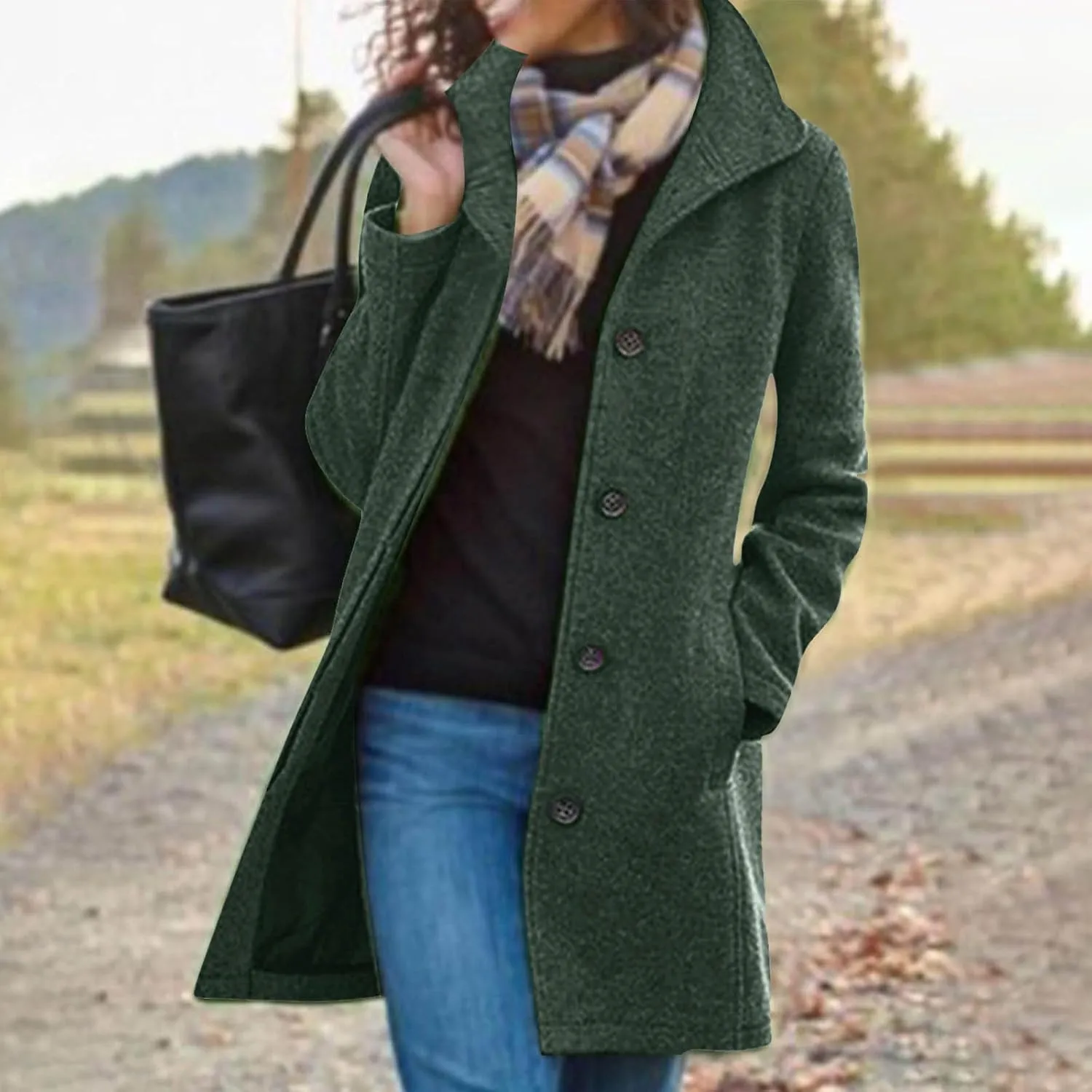 Women's Wool Blend Jackets Stand Collar Single Breasted Pea Coat Winter Fall Casual Business Long Trench Coat Outwear