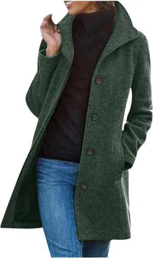 Women's Wool Blend Jackets Stand Collar Single Breasted Pea Coat Winter Fall Casual Business Long Trench Coat Outwear