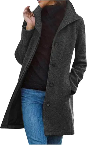 Women's Wool Blend Jackets Stand Collar Single Breasted Pea Coat Winter Fall Casual Business Long Trench Coat Outwear