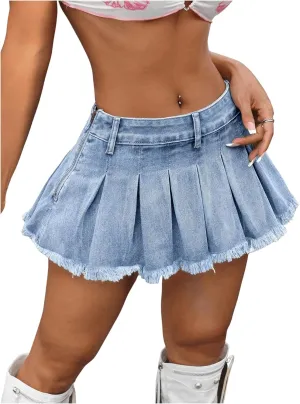 Women's Y2K Low Waist Pleated Denim Skirt Zipper Raw Hem Mini Skirt Casual Ruffle Jean Skirt