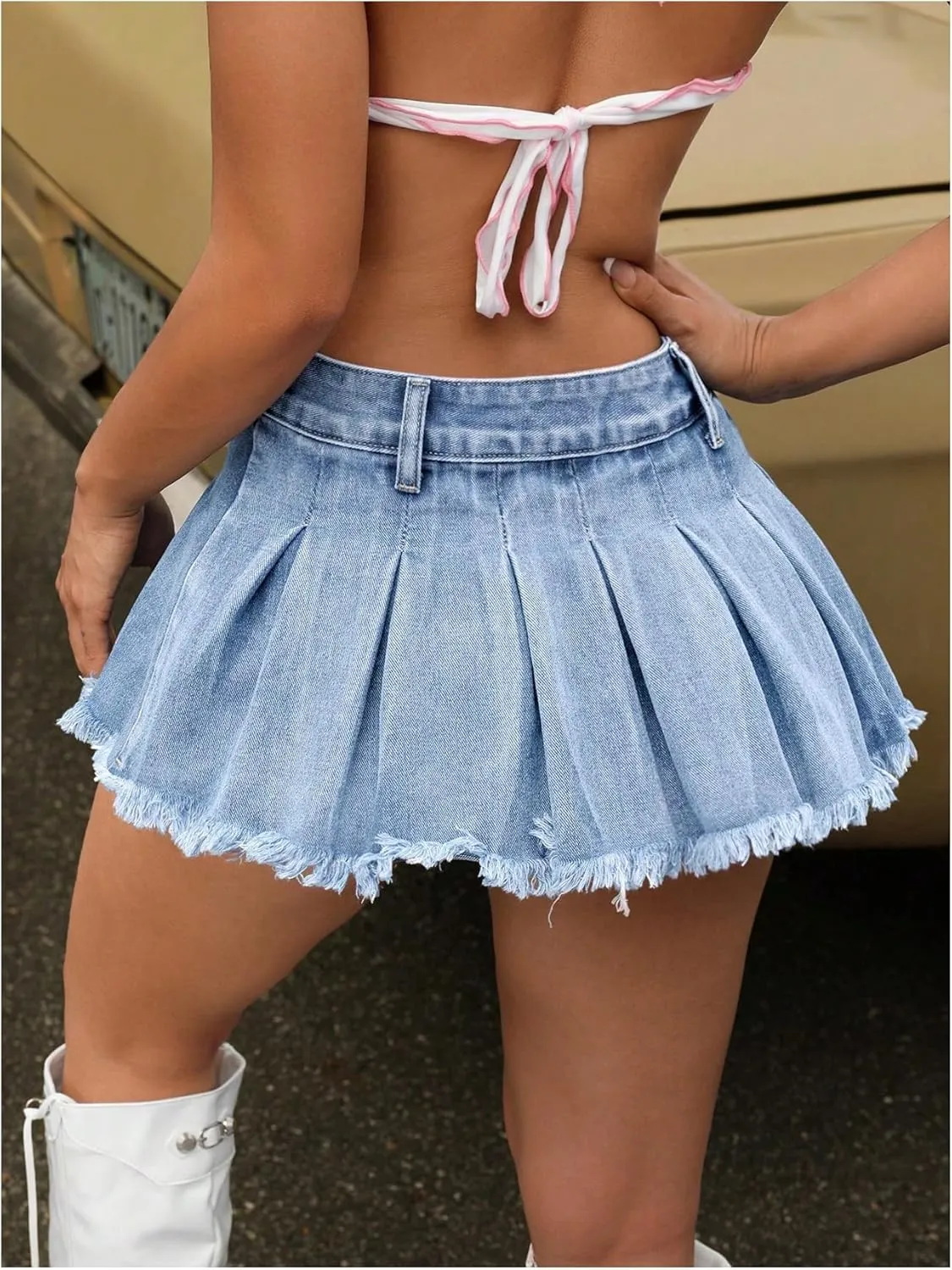 Women's Y2K Low Waist Pleated Denim Skirt Zipper Raw Hem Mini Skirt Casual Ruffle Jean Skirt