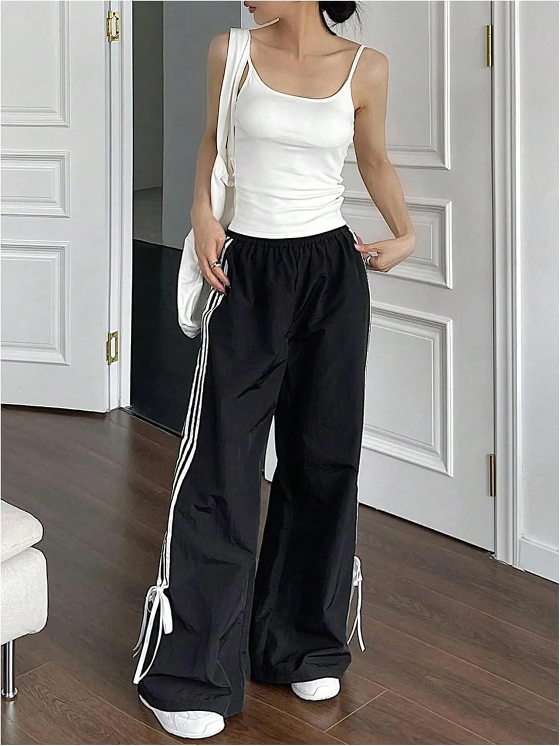 Women's Y2k Striped Wide Leg Pants High Waist Drawstring Elastic Bow Side Tie Side Loose Fit Trousers