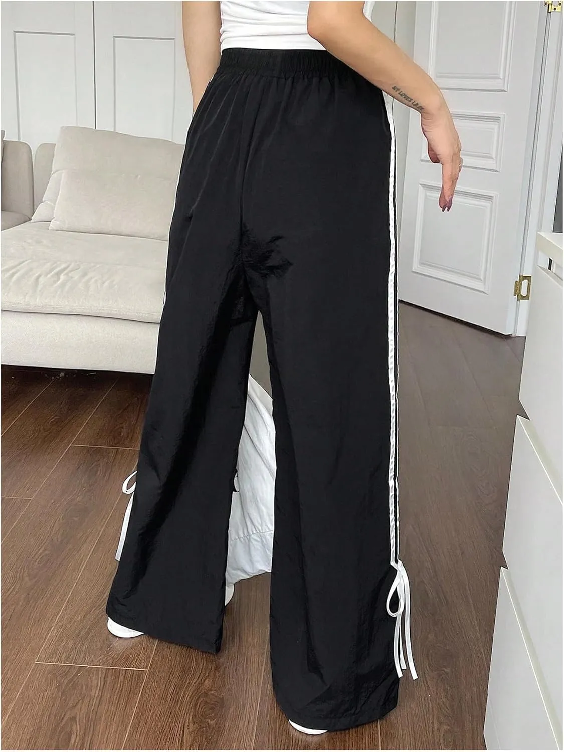 Women's Y2k Striped Wide Leg Pants High Waist Drawstring Elastic Bow Side Tie Side Loose Fit Trousers