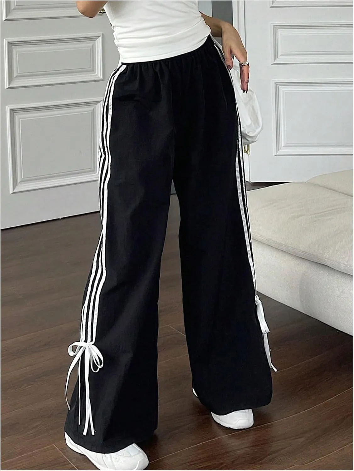Women's Y2k Striped Wide Leg Pants High Waist Drawstring Elastic Bow Side Tie Side Loose Fit Trousers
