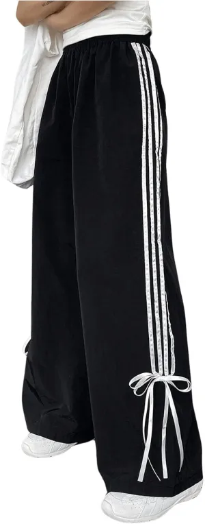 Women's Y2k Striped Wide Leg Pants High Waist Drawstring Elastic Bow Side Tie Side Loose Fit Trousers