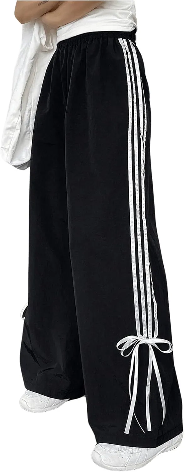Women's Y2k Striped Wide Leg Pants High Waist Drawstring Elastic Bow Side Tie Side Loose Fit Trousers