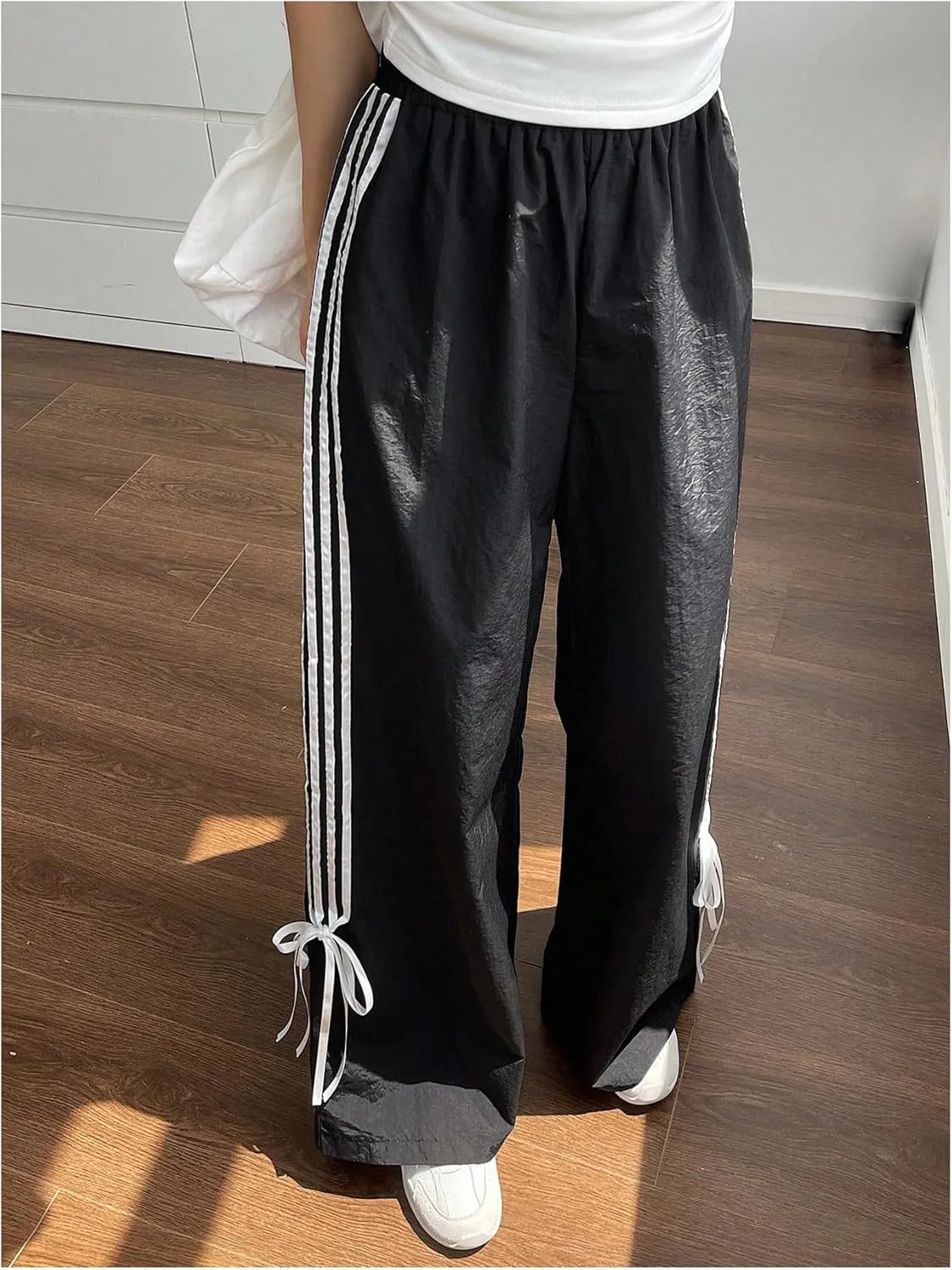 Women's Y2k Striped Wide Leg Pants High Waist Drawstring Elastic Bow Side Tie Side Loose Fit Trousers