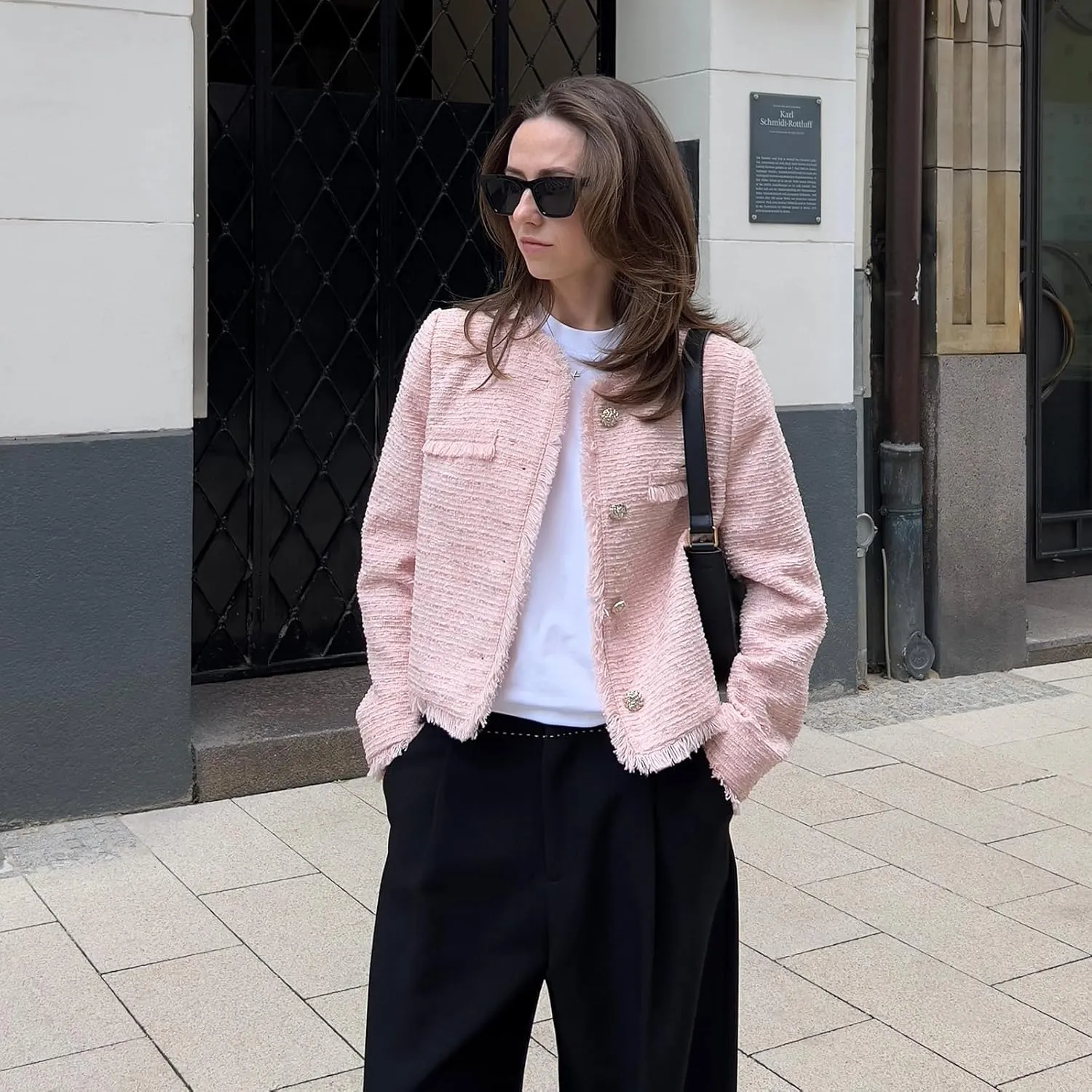 Wool Blend Tweed Blazers for Women Business Casual Knit Blazer Cropped Jacket for Women