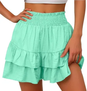 Xiaojmake Tennis Shorts for Women Pleated High Waisted Ruffle Tiered Flowy Short Casual Running Mini Skorts Boho Beach Shorts
