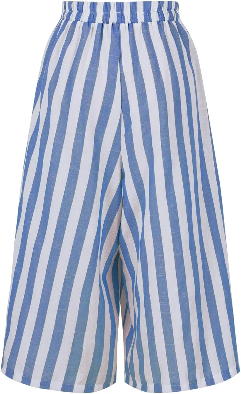 Xiaojmake Womens Wide Leg Palazzo Pants Linen Drawstring Cropped Trousers Y2K A Line Flowy Pants Striped High-Waist Culottes