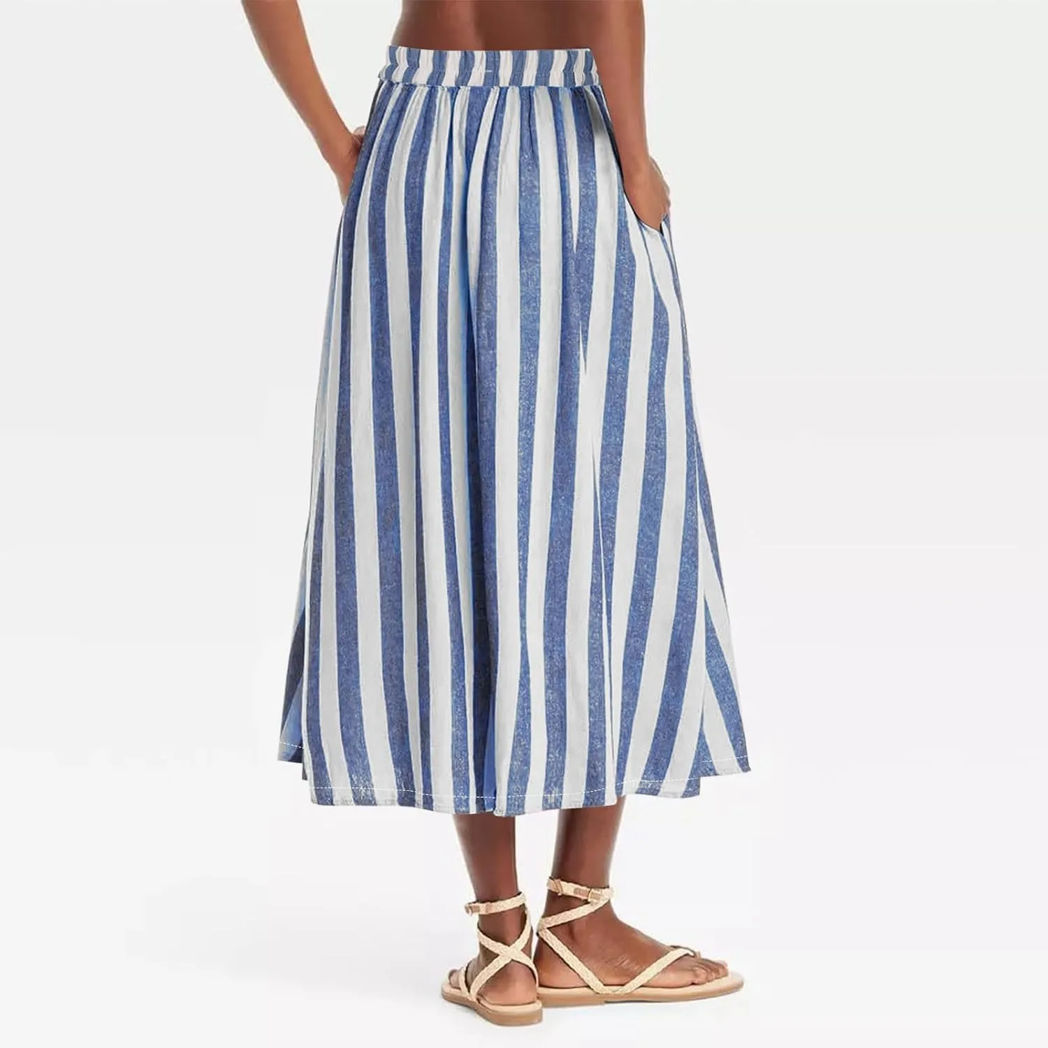 Xiaojmake Womens Wide Leg Palazzo Pants Linen Drawstring Cropped Trousers Y2K A Line Flowy Pants Striped High-Waist Culottes