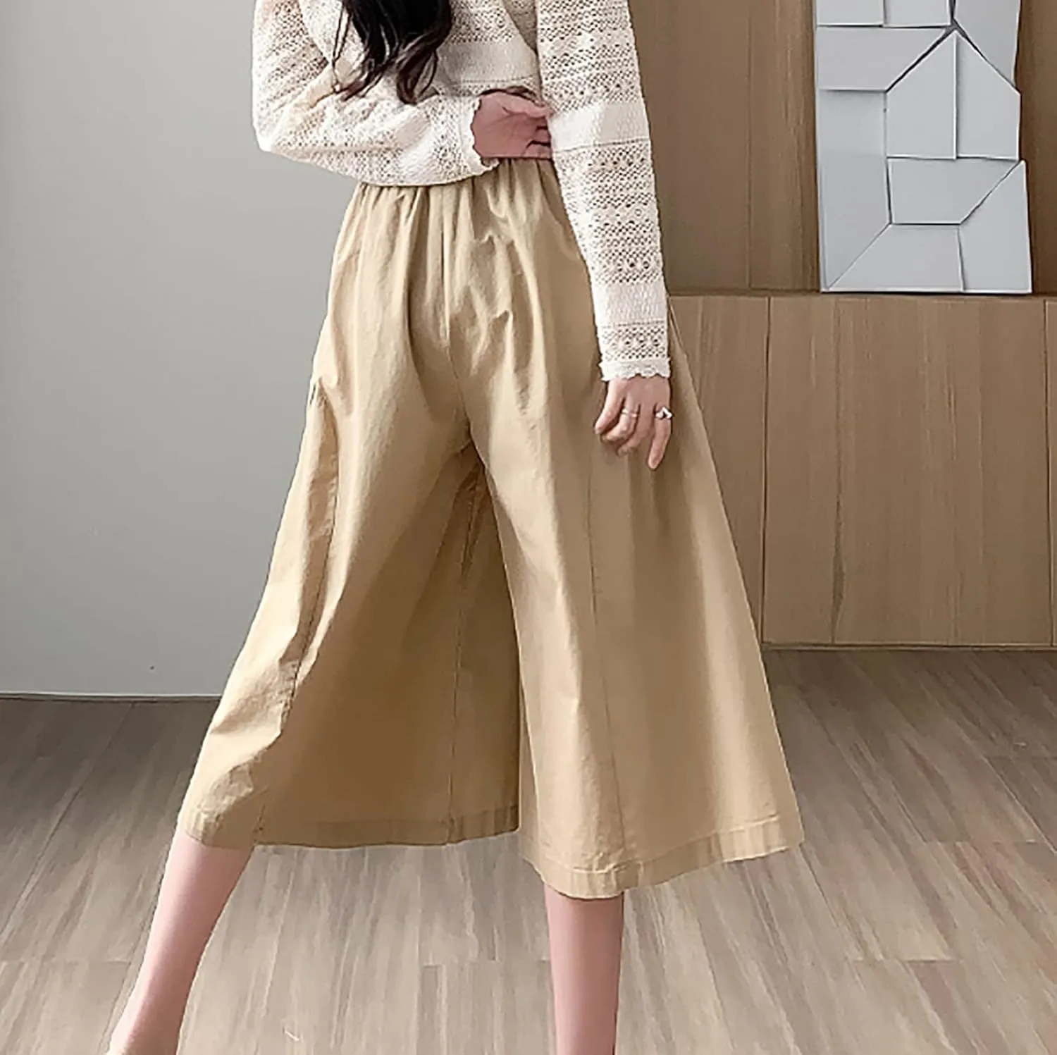 XUNRYAN Womens Culottes Pants Flowy Capri Pants Elastic High Waist Summer Casual Boho Skirt Pants Beach Trousers Outfits