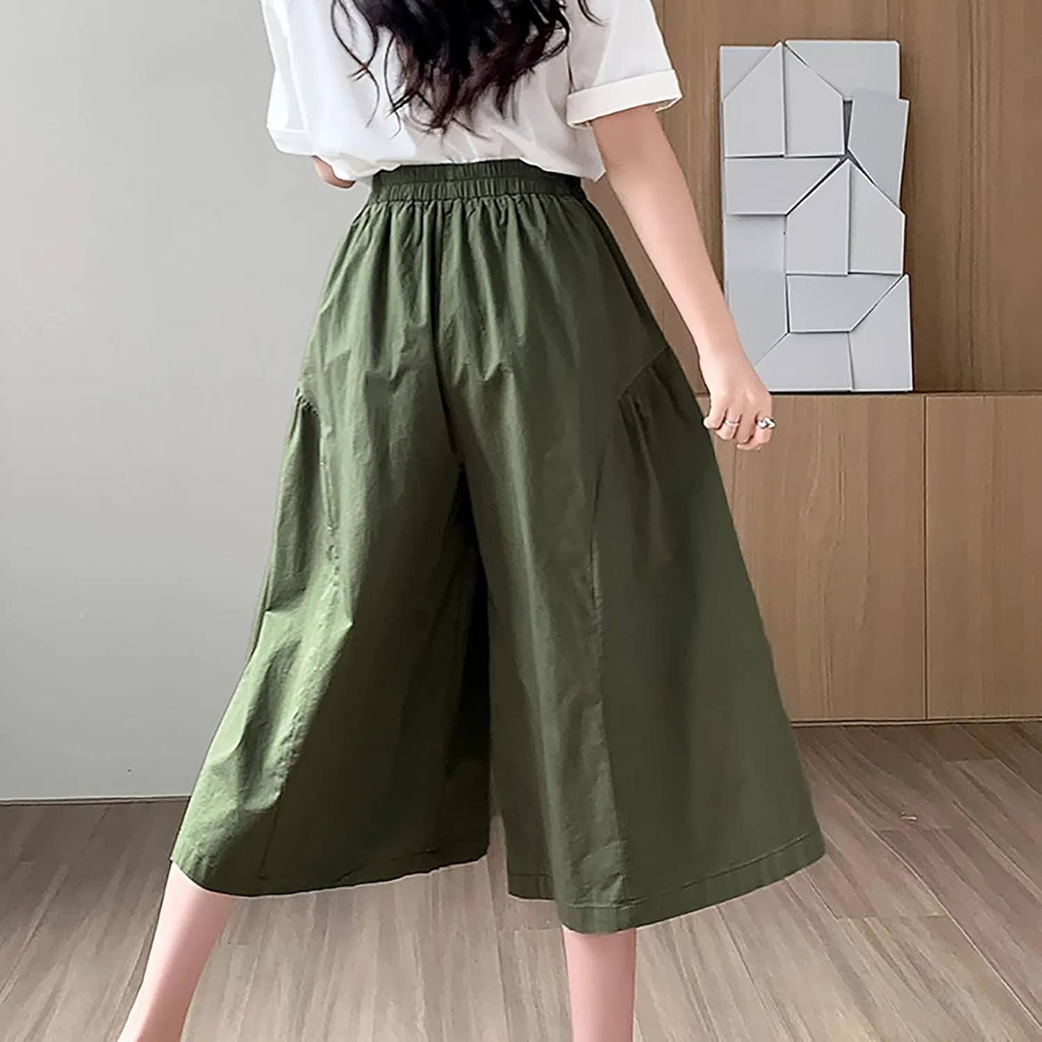 XUNRYAN Womens Culottes Pants Flowy Capri Pants Elastic High Waist Summer Casual Boho Skirt Pants Beach Trousers Outfits