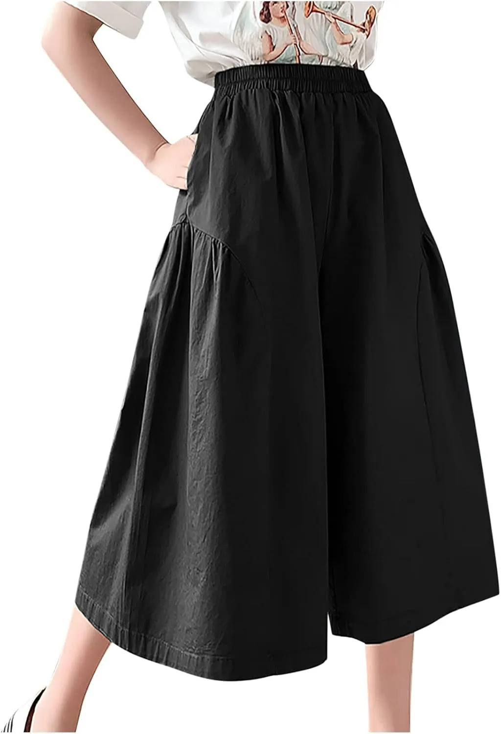 XUNRYAN Womens Culottes Pants Flowy Capri Pants Elastic High Waist Summer Casual Boho Skirt Pants Beach Trousers Outfits